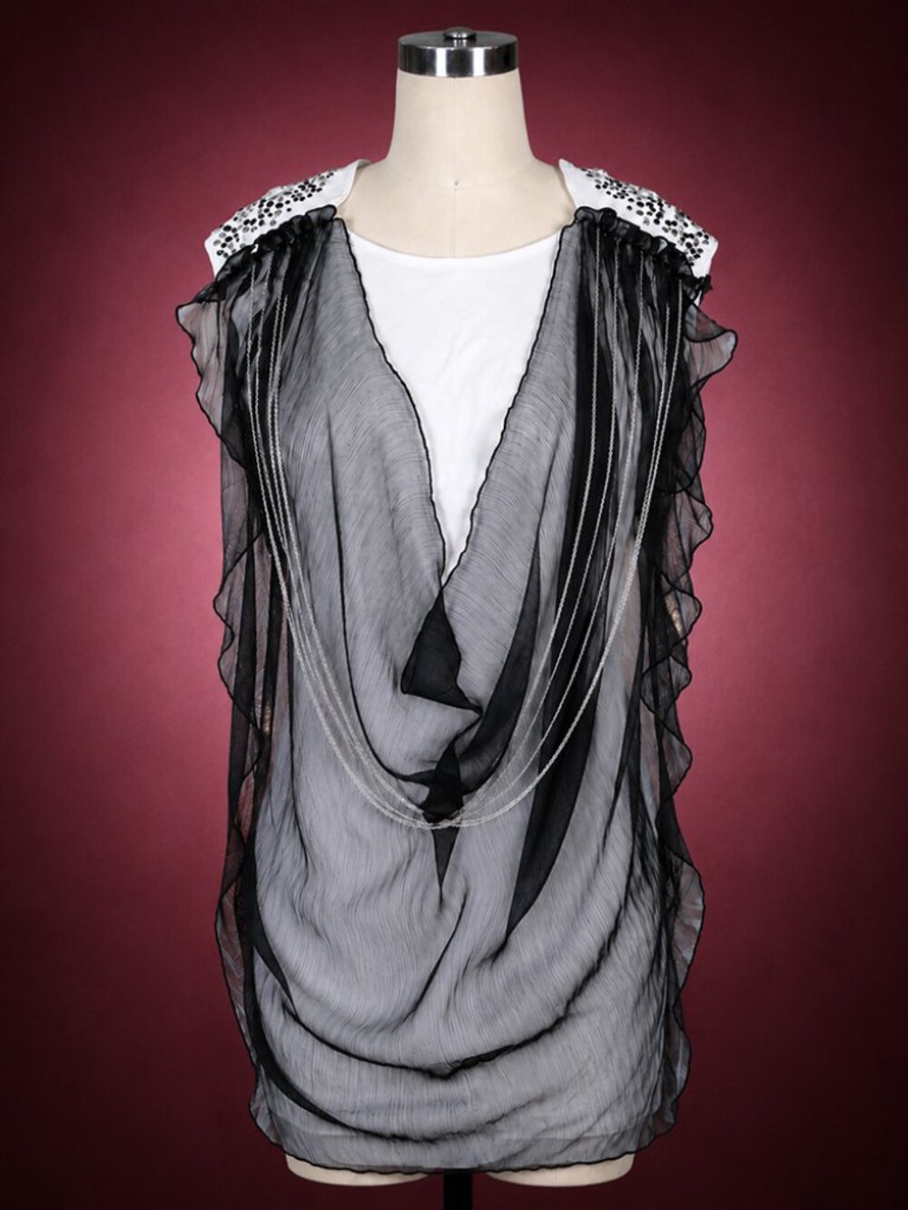 Alberto Makali Embellished Rhinestone Beaded Sheer Overlay Dress Chain Accent